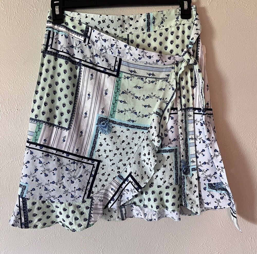 LOFT Skirt Size 4 Blue Green Patchwork Floral Cottagecore Ruffle Faux Wrap Tie